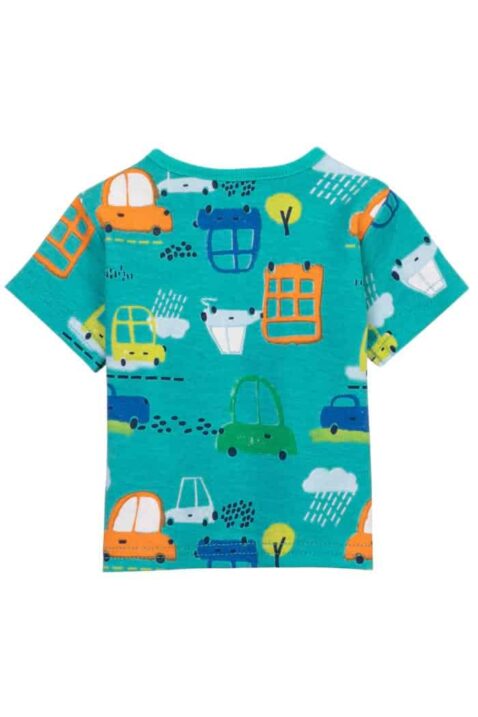 Grünes Kurzarmshirt Oberteil mit kurzen Ärmeln für Babys mit Auto Aufdruck, Bussen & Wolken für Jungen aus 100% Baumwolle von Minoti - Rückansicht gemustertes Automotive Rundhals T-Shirt im Dreierpack