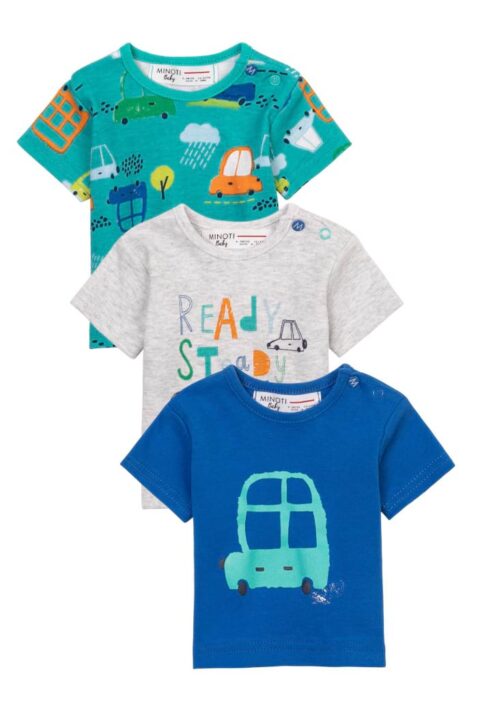 3er Set Baby grau grün blaue Basic T-Shirts Oberteile mit Autos, Wolken & READY STEADY GO Print für Jungen aus Baumwolle von Minoti - Vorderansicht Baumwollshirts kurzarm Multipack