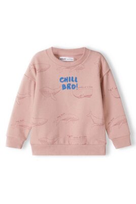 Baby & Kinder Rundhals Sweatshirt Oberteil mit Walen gemustert & CHILL BRO Print für Jungen in Pink Rosa von Minoti - Vorderansicht langarm Pullover mit whale