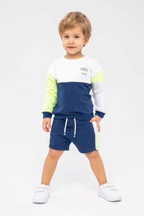 2-teiliges Babyset mit Fleece Shorts + Sweatshirt in Gelb Blau Weiß im Color Blocking für Jungs von Minoti - Kinderfoto Junge mit langärmligem Pullover & kurzer Hose im 2er Sommerset