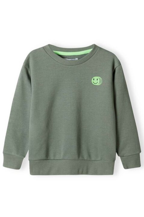 Baby & Kinder khaki grüner Sweatshirt Pullover mit Smiley Brustdruck im 2teiligen Set Jogginganzug von Minoti - Vorderansicht Rundhals SMILE Oberteil aus Fleece für Jungen