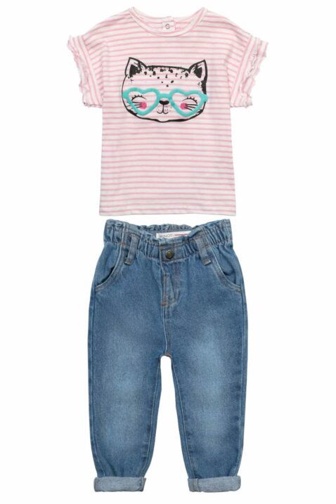 Baby & Kinder 2er Set aus gestreiftem T-Shirt mit Katze & Rüschen in Pink Rosa + Denim Jeans mit Beinumschlag & Taschen in Blau für Mädchen von Minoti - Vorderansicht Sommerset Kurzarmshirt + lange Jeanshose 2-teilig