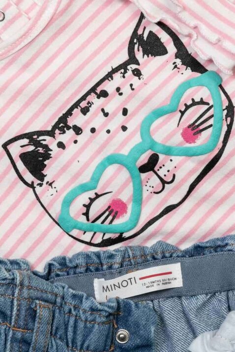 Baby & Kinder Set 2 teilig aus blauer langen Jeans mit Taschen & Beinumschlag + rosa weiß T-Shirt kurzarm gestreift mit Katze aus Baumwolle von Minoti - Detailansicht Mädchenset