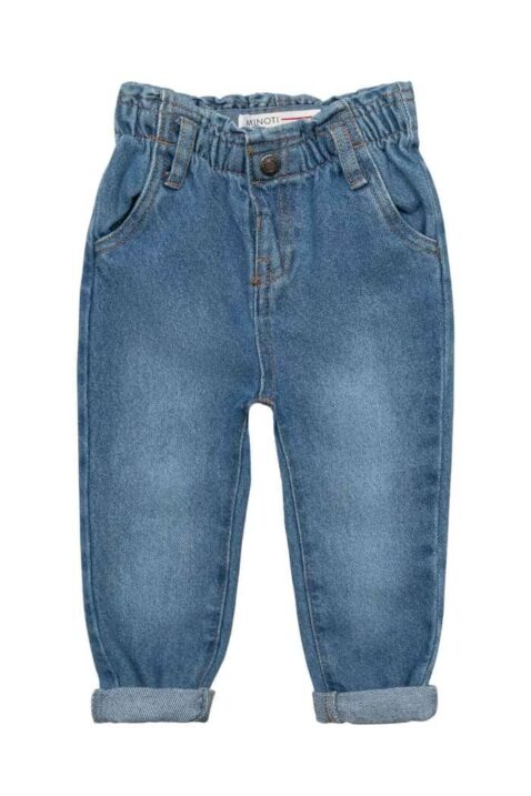 Kinder & Baby lange Jeanshose mit Beinumschlag, Taschen, breitem elastischem Bund in Denim Blue für Mädchen aus Baumwolle von Minoti - Vorderansicht Mädchenjeans im 2er Set aus rosa T-Shirt + blauer Jeans