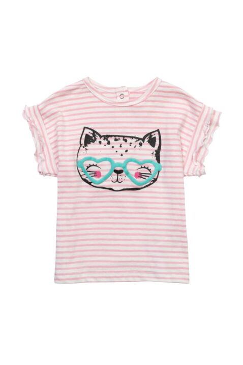 Baby & Kinder rosa-weiß gestreiftes Rundhals T-Shirt Katze mit Brille Motiv & Rüschenärmel im 2er Set von Minoti - Vorderansicht Mädchen Kurzarmshirt im 2 teiligen Set aus Shirt + lange blaue Denim Jeans