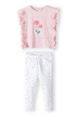 Baby & Kinder 2er Set aus Kurzarm Shirt mit 3D Blume & Rüschen in Pink Hellrosa + Rip Leggings mit bunten Blumen gemustert in Weiß für Mädchen von Minoti - Vorderansicht Sommerset Top + Leggings gerippt 2-teilig