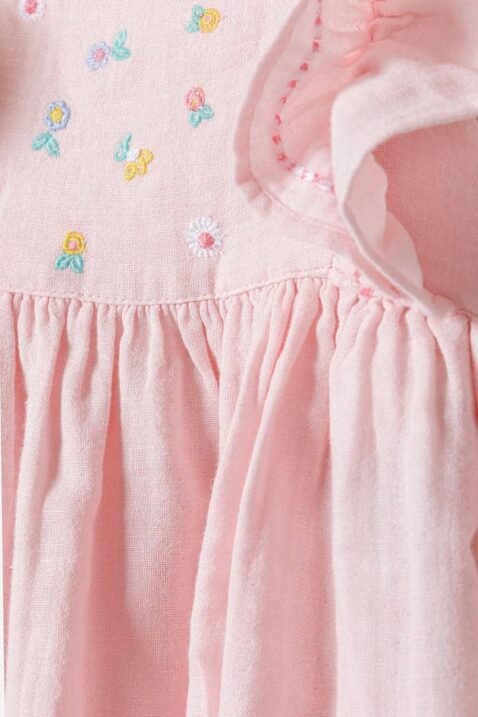 Baby Freizeitkleid Rüschenkleid kurzarm mit Blumenstickerei & Rundhalsausschnitt für Mädchen in hellrosa von Minoti - Detailansicht festliches Babykleid aus Baumwolle