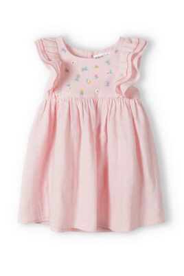 Leichtes rosa Baby Kleid mit kurzen Ärmeln, Rüschen & Blumen Stickerei aus Baumwolle für Mädchen von Minoti - Vorderansicht festliches Freizeit Mädchenkleid Sommer