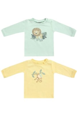 Baby & Kinder 2-teiliges Basic Set Langarmshirts mit Affe in Gelb & Löwe in Hellgrün aus Bio-Baumwolle von Boley - Vorderansicht Rundhals Shirts mit langen Ärmeln im Multipack