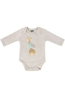 Baby Body langarm mit Giraffe & Print STAND TALL LITTLE ONE in Graumeliert aus Bio-Baumwolle von Boley - Vorderansicht unifarben Langarmbody mit Schlupfkragen im 3er Multipack Babyset