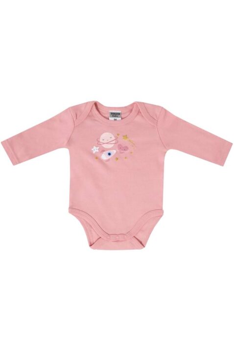 Baby Body langarm mit Planeten, Sterne, Monde & Herzen in Rosa aus Baumwolle von Boley - Vorderansicht unifarben Mädchen Universum Langarmbody mit Schlupfkragen im 3er Multipack Babyset