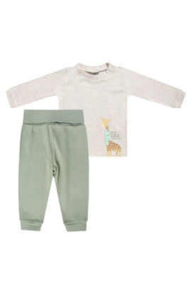 Baby Langarmshirt mit Giraffe in Grau + Softbundhose Leggings in Khaki Grün 2er Set aus Bio-Baumwolle von Boley - Vorderansicht 2-teiliges Jungen & Mädchen Babyset Organic Cotton