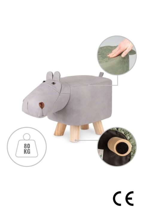 Hellgrauer Tier Hocker für Kinder Jungen & Mädchen als Nilpferd in Leder Optik Tierform von COZY NOXXIEZ - Hochwertiger Tier Hippo Junior Sitz Lederhocker mit CE Kennzeichnung - Detailansicht