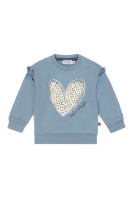 Baby & Kinder Sweatshirt mit Herz, Rüschen, Rippbündchen, Rundhalsausschnitt & SMILE & BE HAPPY Print in Hellblau für Mädchen von DIRKJE - Vorderansicht Mädchenpullover aus Baumwolle