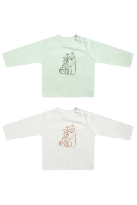 Baby & Kinder Langarmshirts unifarben mit Tiermotive Fuchs & Bär in Grün & Weiß aus Bio-Baumwolle von JACKY - Vorderansicht Basic Longsleeves mit Rundhalsausschnitt Organic Cotton