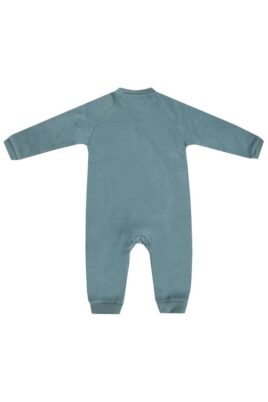 Baby Organic Cotton Schlafanzug Einteiler mit Dino Tiermotiv & Rundhalsausschnitt für Jungen & Mädchen in Petrol Blau von JACKY - Rückansicht Schlafoverall ohne Fuß & langen Ärmeln aus Bio-Baumwolle