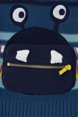 Herbst & Winter Strickpullover mit Monstertasche in Blau Bunt gestreift für Babys & Kinder von TUC TUC - Detailansicht Monster Applikation Tasche mit Reißverschluss des Pullovers