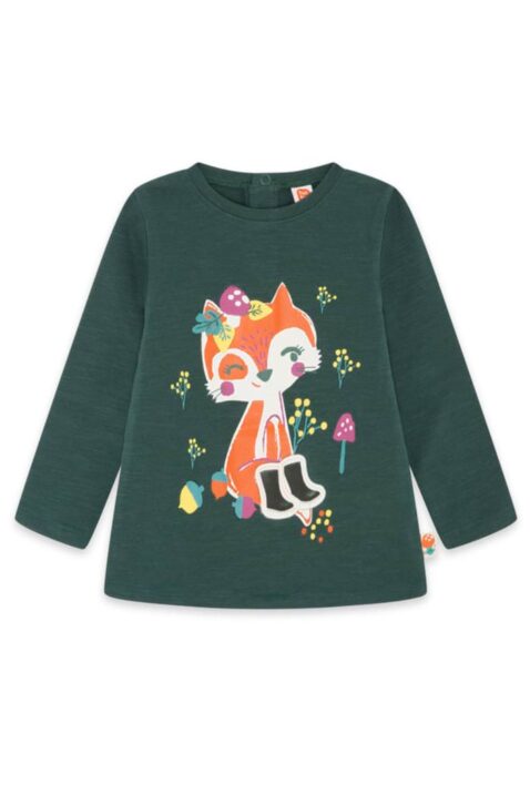 Baby & Kinder Langarmshirt mit Füchsin im Wald, bunten Blumen, Blätter & Pilzen für Mädchen in Dunkelgrün von TUC TUC - Vorderansicht Longsleeve Rundhalsshirt mit langen Ärmeln
