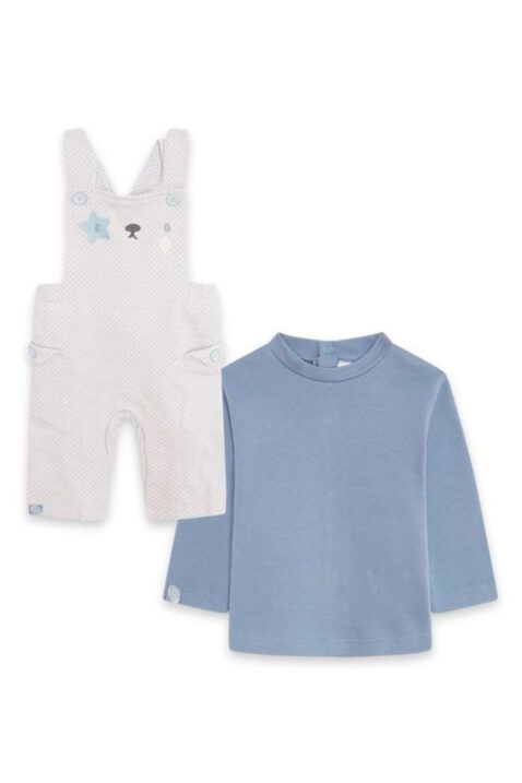 Baby & Kinder 2-teiliges Set - graue Latzhose mit Seitentaschen, Tier bestickt, Kreuzmuster & überkreuzte Träger am Rücken von TUC TUC - Langarmshirt unifarben Blau - Vorderansicht 2er Jungen Winter Trägerhosen Set