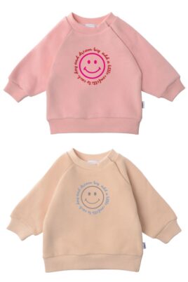 Baby & Kinder Sweatshirts mit Smiley & Print "add a little confetti to each day and dream big" unifarben von LILIPUT - Vordersicht von 2 unisex Sweater in rosa & beige für Jungen & Mädchen