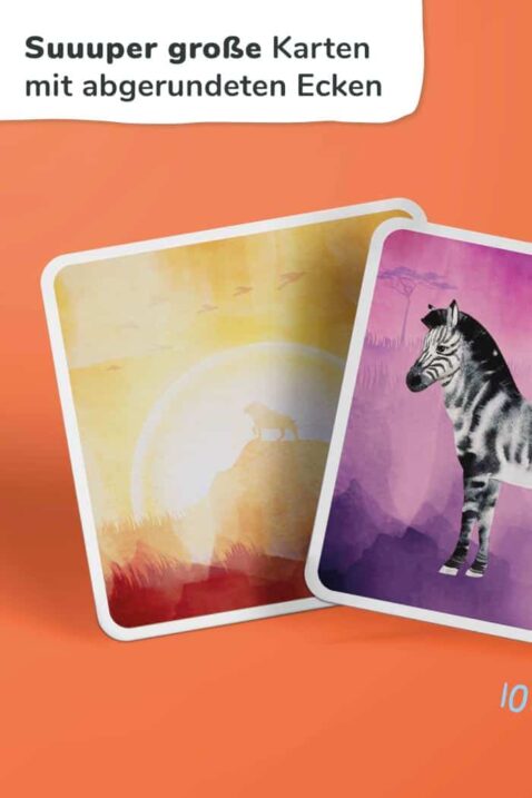 Kinder SAFARI Memory mit XXL illustrierten stabilen Karten inkl. Begleitheft Tiermotiven von PIHU - Detailansicht extra große Zebra Karte mit abgerundeten Ecken des Tiere Memospiels