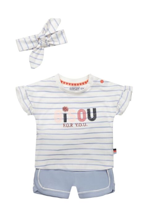 3er-Set hellblaue Mädchen Shorts mit weißer Paspel - Rundhals T-Shirt mit Streifen, Rüschen am Ärmel & Print BISOU FOR YOU blau weiß - Stirnband mit Schleife von Dirkje - Vorderansicht Babyset Sommerset