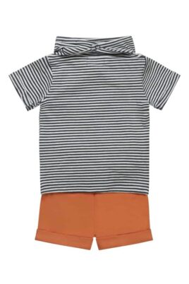 3-teiliges Set mit Äffchen T-Shirt blau weiß gestreift & Rundhalsausschnitt, kurze Hose mit Taschen & Umschlag in orangebraun, Streifen Halstuch aus Baumwollmischung von Dirkje - Rückseite Babyset Jungen
