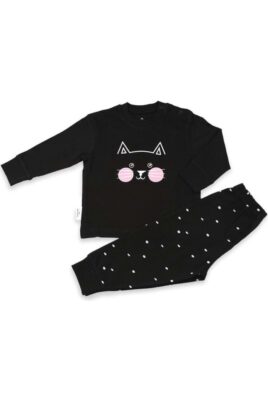 Baby & Kinder Schlafanzug mit Katze Motiv & weiße Punkte auf der Schlafanzughose gemustert in Schwarz von FROGS AND DOGS - Vorderansicht Cat Pyjama Kinderschlafanzug ohne Füße für Mädchen aus Baumwolle