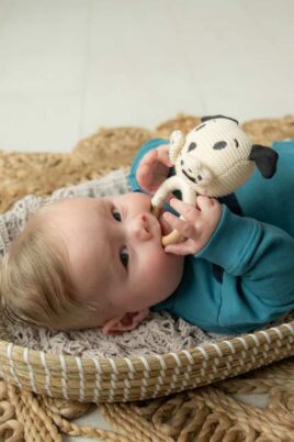 Tier Hunde Strick Babyrassel mit Beißring Greifling aus Holz 15 cm in weiß beige von FROGS AND DOGS - Babyfoto liegender Junge beißt in Rassel Beißring Spielzeug für Neugeborene