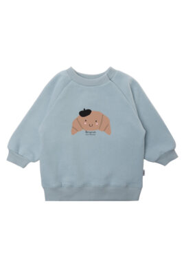 Baby & Kinder Sweatshirt mit Croissant, "Bonjour mon amour" Print & Rundhalsausschnitt unifarben in Hellblau von LILIPUT - Vorderansicht Mädchen & Jungen baby blue Sweater Pullover