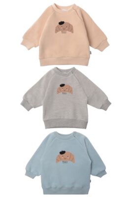 Baby & Kleinkinder Rundhals Sweatshirts mit Le Croissant & Print "Bonjour mon amour" unifarben von LILIPUT - Vordersicht von 3 unisex Sweater in grau melange, hellblau & beige für Jungen & Mädchen