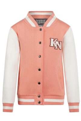 Baby & Kinder College Jacke mit farblich abgesetzten Ärmeln in Weiß, Taschen, Druckknopfleiste, Rippstrickbündchen & Buchstaben Labelprint in Rosa von Koko Noko - Vorderansicht Mädchenjacke Baseballjacke