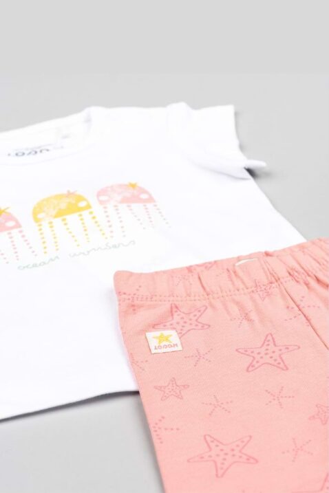 Kleinkinder & Baby 2er Set aus weißem Shirt mit kurzen Ärmeln & 3/4 Capri Leggings mit Gummibund Hellrosa von Losan - Detailansicht Vorderseite liegendes Sommerset für Mädchen mit Quallen jellyfish Tiermotiv