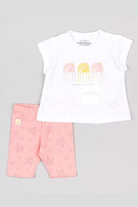 Baby & Kleinkinder 2er-Set aus T-Shirt mit Quallen & Ocean Print Weiß - Capri 3/4 Leggings mit Seesternen gemustert & Schlupfbund Hellrosa von Losan - Vorderansicht kurzes 2-teiliges jellyfish Sommerset für Mädchen