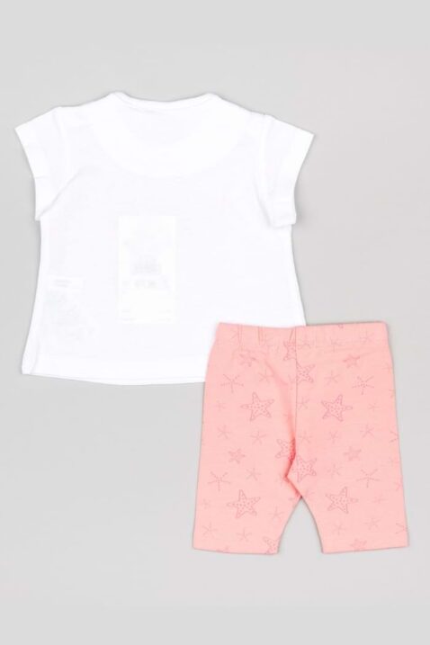 2-teiliges Babyset aus kurzer Leggings Capri 3/4 mit Schlupfbund & Sternemuster in hellem rosa - Weißes Kurzarmshirt mit Rundhalsausschnitt & Quallen Tiermotive von Losan - Rückansicht trendiges Sommer Mädchenset