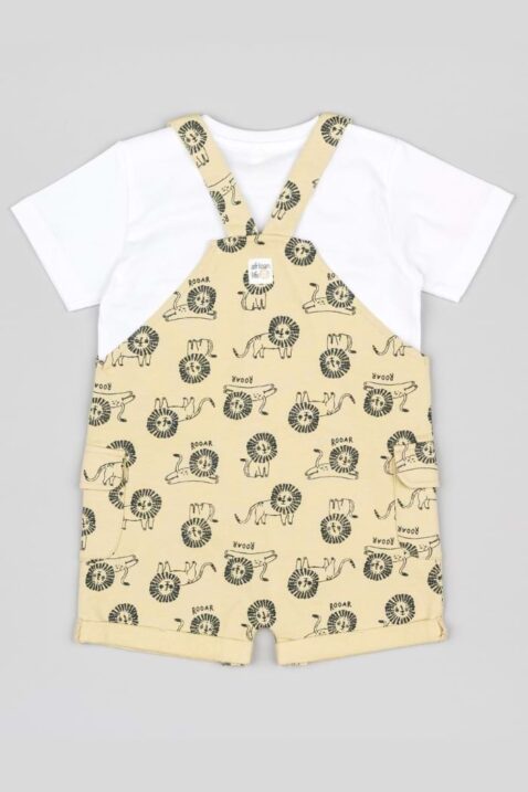 2-teiliges Kinderset & Babyset aus kurzer Latzhose mit Taschen, Beinumschlag & Löwen gemustert in hellem gelb - Weißes Kurzarmshirt mit Rundhalsausschnitt & Löwe Tiermotiv von Losan - Rückansicht trendiges Sommer Jungenset
