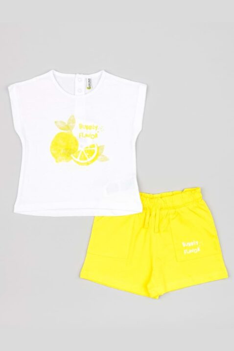 Baby & Kinder 2er-Set aus T-Shirt mit Zitronen Motiv & Print „Bubbly Flavor” in Weiß - Kurze Shorts mit Beinumschlag, Kordel & Rüschen an der Taille unifarben gelb von Losan - Vorderansicht kurzes 2-teiliges Mädchen Sommerset