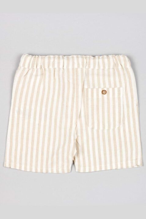 Sommer Baby & Kinder kurze Shorts aus Leinenmix gestreift mit Palmen Patch, Gesäßtasche & Schlupfbund in Beige von Losan- Rückansicht Jungen & Mädchen leichte kurze Leinenhose