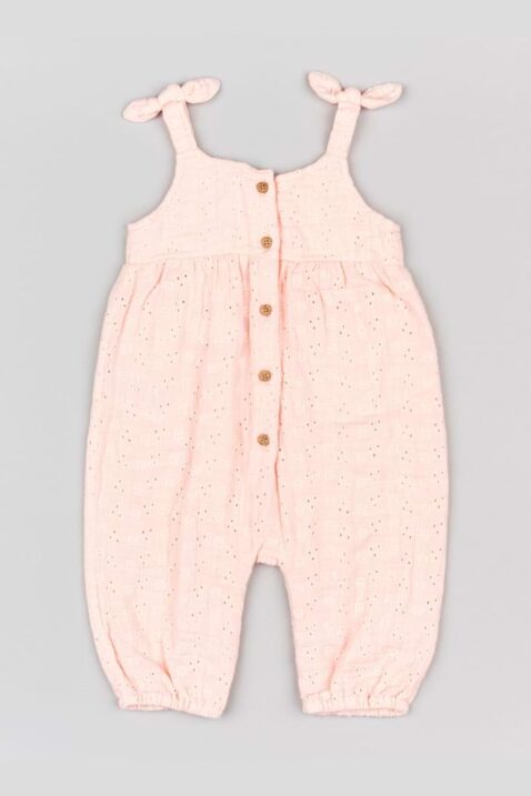 Sommer Baby & Kinder langer Oversize Einteiler Jumpsuit ärmellos mit Taschen, Knoten am Träger & Rückseite mit Knopfleiste in Rosa von Losan - Rückansicht Mädchen leichter Sommeroverall mit Lochmuster Blumen