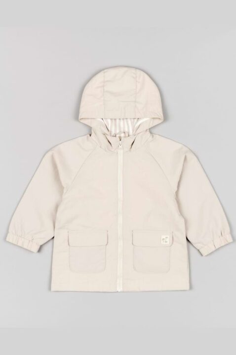 Baby & Kinder leichte Kapuzenjacke Parka unifarben mit Taschen, Innenfutter Streifen, Patch Palmen in Beige für Jungen & Mädchen von Losan - Vorderansicht leichte Sommer & Frühlings Übergangsjacke