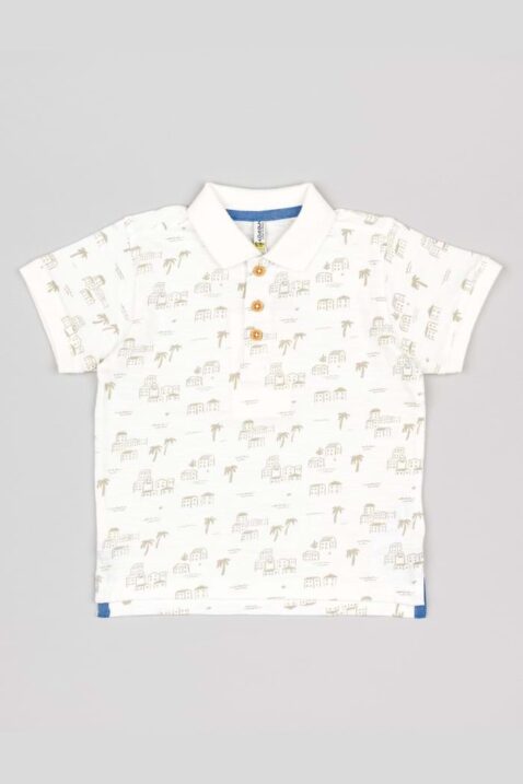 Baby & Kleinkinder Poloshirt mit Knopfleiste, Kragen & Palmen Inseln Motive gemustert in Ecru Weiß für Jungen von Losan - Vorderansicht Baumwolle kurzarm Jersey Polo für Sommer & festliche Anlässe