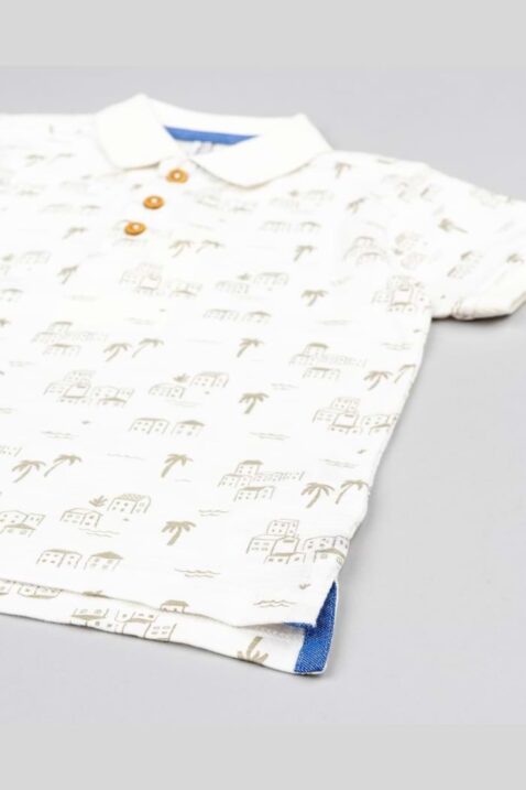 Jungen Babyshirt & Kindershirt für Freizeit & festliche Anlässe aus weicher Baumwolle von Losan - Detailansicht Vorderseite liegendes Kurzarm Poloshirt Sommershirt mit Palmenmuster für Kinder & Babys