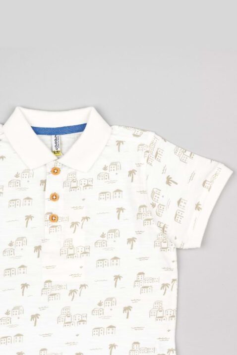 Weißes Kinder & Baby Jungenshirt Polo mit Inseln & Möwen gemustert von Losan - Nahaufnahme Holzknopfleiste, elastische Ärmelbündchen, Kragen & kurzarm des Poloshirts für Freizeit