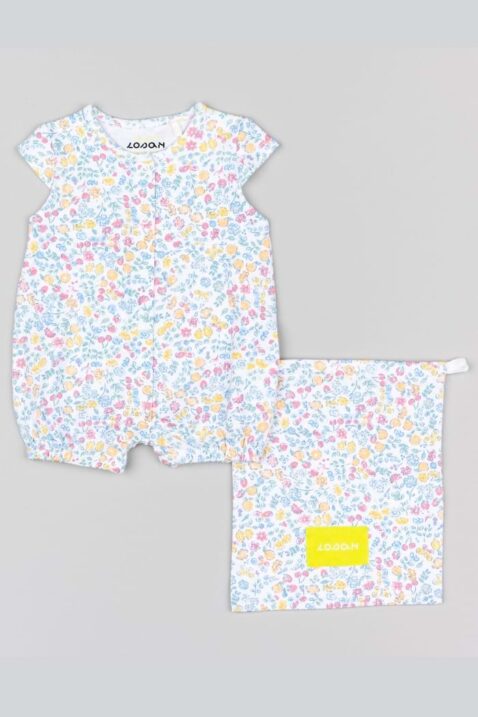 Baby ärmelloser kurzer Overall Spieler Romper mit Flügelärmel, bunten Blumen + Obstsorten wie Zitronen, Kirschen, Erdbeeren gemustert für Mädchen von Losan - Vorderansicht leichter Rundhals Einteiler Strampler ohne Fuß mit Wäschesäckchen für Sommer