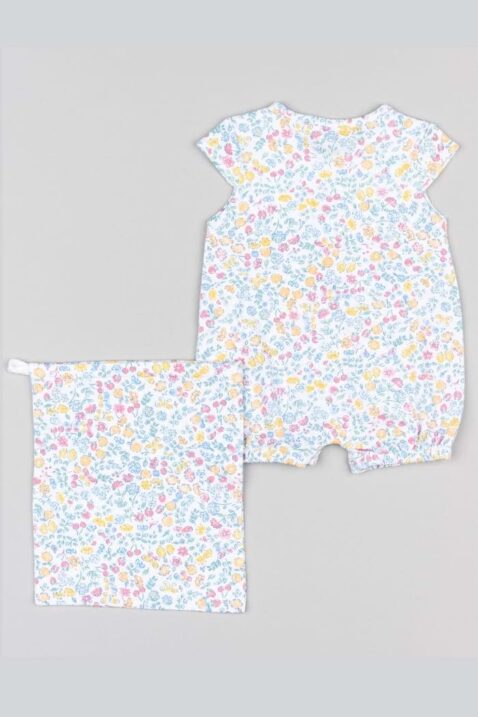 Bunter Baby & Kleinkinder kurzer Sommerstrampler Spieler Jumpsuit ohne Ärmel, Blumen & Obst gemustert aus Jersey Baumwollmischung von Losan - Rückansicht schicker Mädchen leichter Sommeroverall als Schlafstrampler