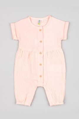 Baby & Kleinkinder langer Rundhals Overall Jumpsuit Plumetti kurzarm mit Knopfleiste & Punktemuster für Mädchen aus Baumwolle in Hellrosa von losan - Vorderansicht leichter Rundhals Einteiler Strampler ohne Fuß für den Sommer