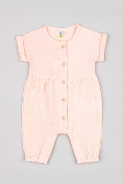 Baby & Kleinkinder langer Rundhals Overall Jumpsuit Plumetti kurzarm mit Knopfleiste & Punktemuster für Mädchen aus Baumwolle in Hellrosa von losan - Vorderansicht leichter Rundhals Einteiler Strampler ohne Fuß für den Sommer