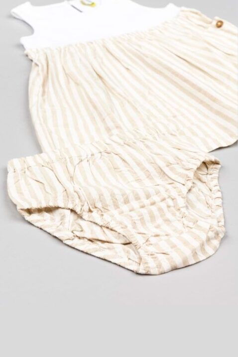 2er Babyset & Kinderset aus 2in1 Leinen Ribb Freizeitkleid unifarben gestreift & Windel Bloomer in Beige Weiß von Losan - Detailansicht Vorderseite liegendes Mädchenset aus Sommerkleid & Windelhose aus luftig leichtem Leinenmix
