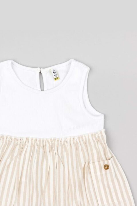 Baby & Kleinkinder Zweiteiler aus Leinen Rib Trägerkleid & Bloomer Windelhose beige weiß von Losan - Nahaufnahme Vorderseite Rundhalsausschnitt, Träger ärmellos, Fronttasche & gestreifteer Rockteil des 2er-Sommersets Outfits für Mädchen