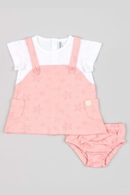 Baby 2er-Set aus Kleid im 2-in-1 Look aus weißem T-Shirt Kurzarm & rosa Kleid mit Trägern, Taschen, Rundhalsausschnitt & Seesterne gemustert - Kurze Windelhose Bloomer von Losan - Vorderansicht kurzes 2-teiliges Mädchenkleid Sommerset